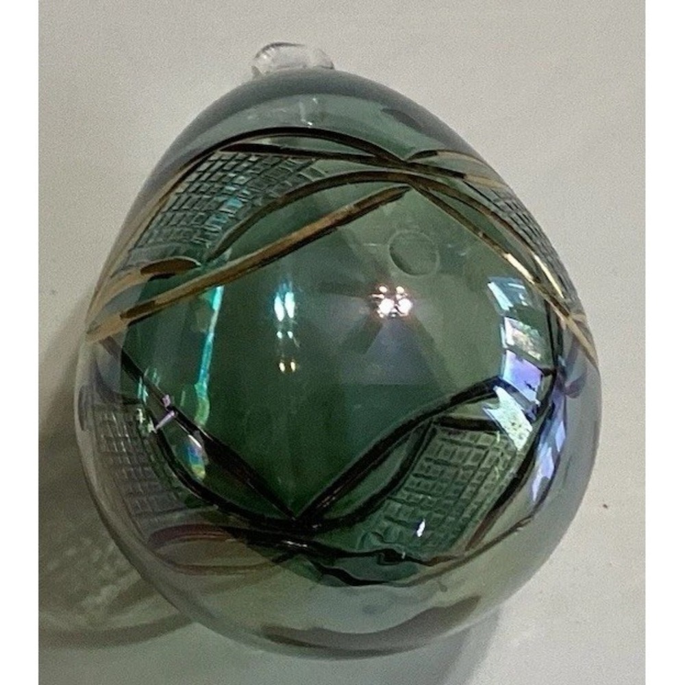 Christmas Ornament Hand Blown Glass Egg Shape Raised Gold‎ Designs Green Tint